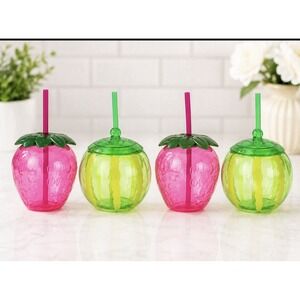 Festive Voice Strawberry & Melon Fruit Cups With Straws 16.9 Oz Set Of 4